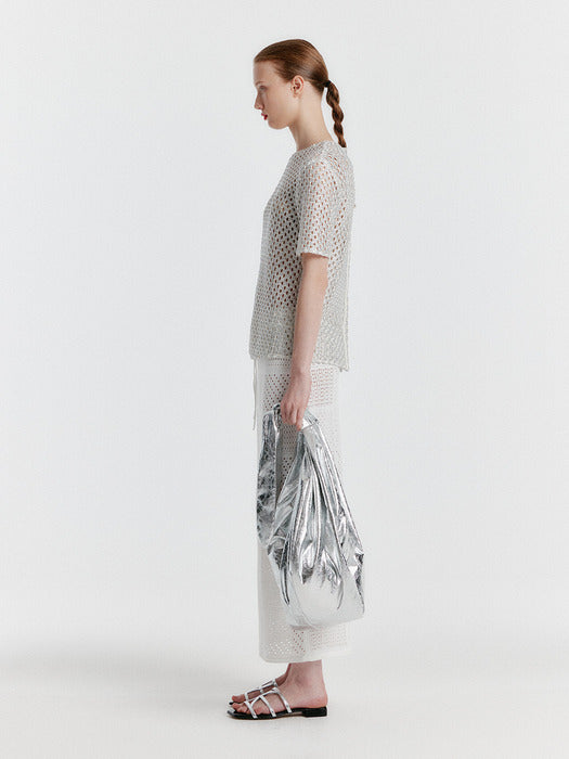 [EENK] Yizny Panelled Lace Knit Long Skirt - White