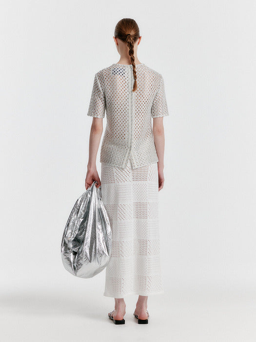 [EENK] Yizny Panelled Lace Knit Long Skirt - White