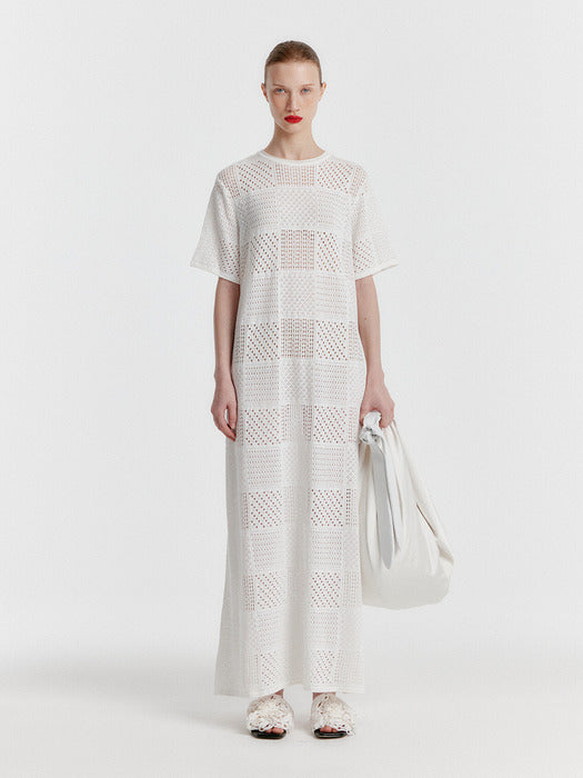 Eenk Yitzu Panelled Lace Knit Long Dress - White