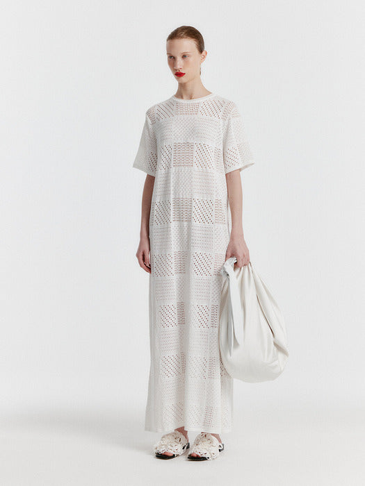 Eenk Yitzu Panelled Lace Knit Long Dress - White