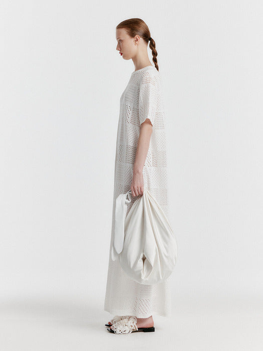 Eenk Yitzu Panelled Lace Knit Long Dress - White