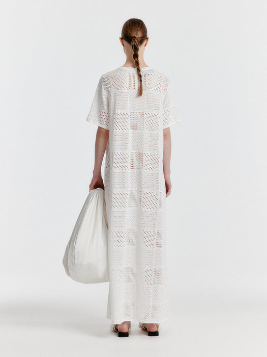 Eenk Yitzu Panelled Lace Knit Long Dress - White