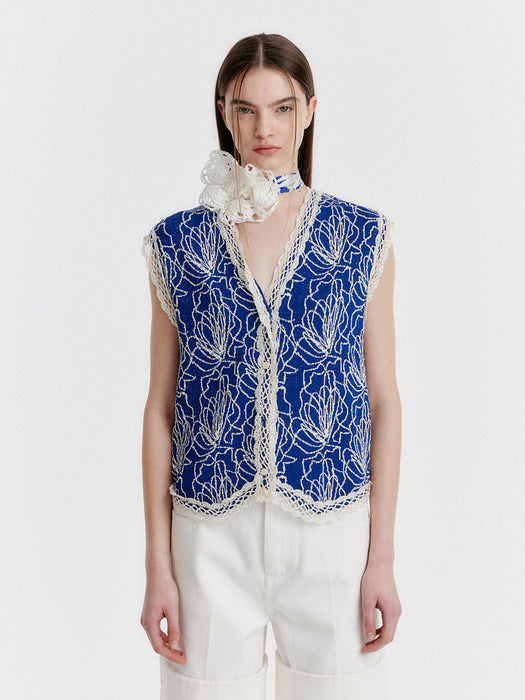 Eenk Yeary Knit Vest with Print - Navy/Ivory