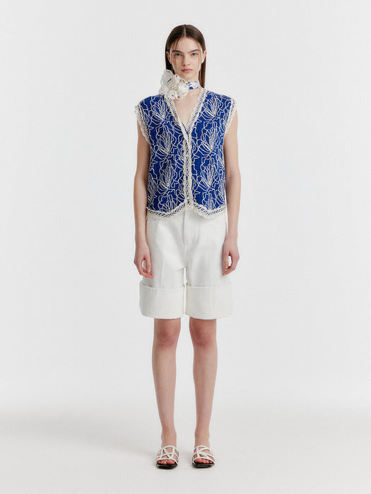 [EENK] Yeary Knit Vest with Print - Navy/Ivory