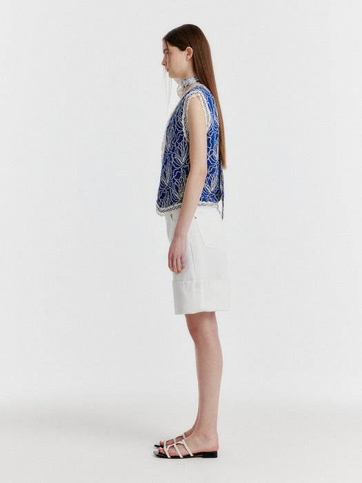 [EENK] Yeary Knit Vest with Print - Navy/Ivory