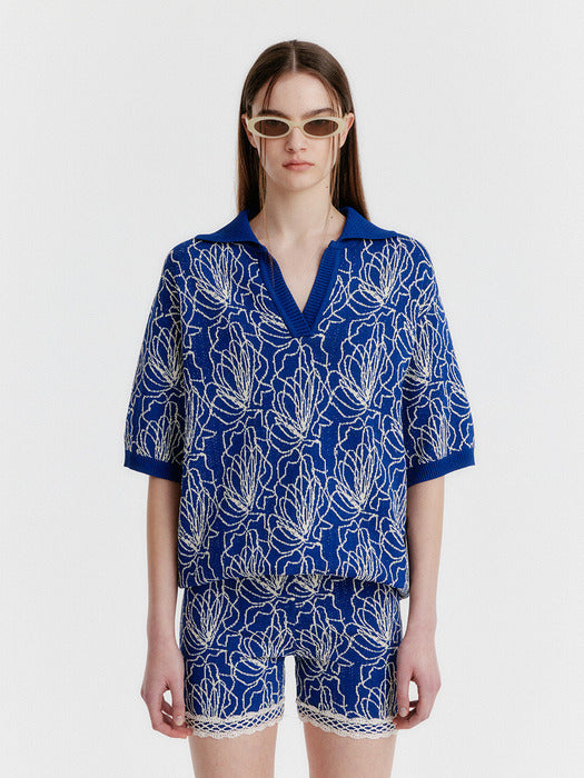 Eenk Year Oversized Jacquard Polo Knit - Navy/Ivory