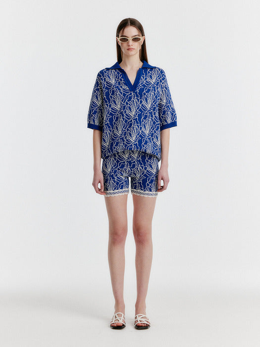 Eenk Year Oversized Jacquard Polo Knit - Navy/Ivory