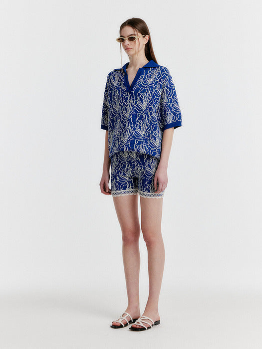 Eenk Year Oversized Jacquard Polo Knit - Navy/Ivory