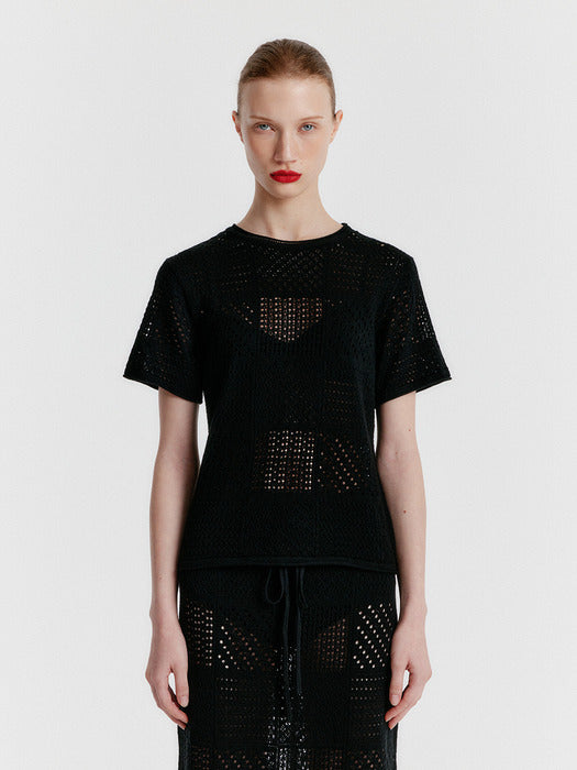 Eenk Yizu Panelled Lace Knit T-shirt - Black