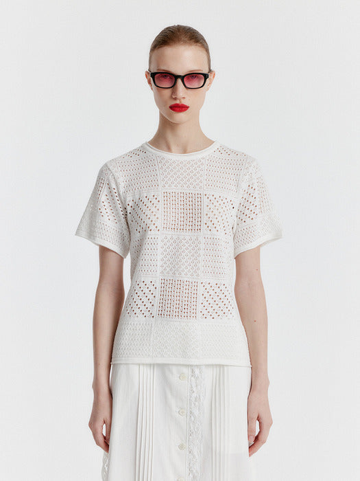 Eenk Yizu Panelled Lace Knit T-shirt - White