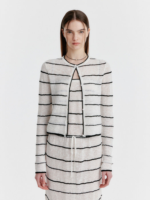 Eenk Yozo Jacquard Stripe Knit Cardigan - Ivory/Black
