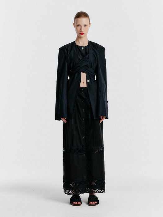 [EENK] Yoanna Button-front Lace-trim Skirt - Black