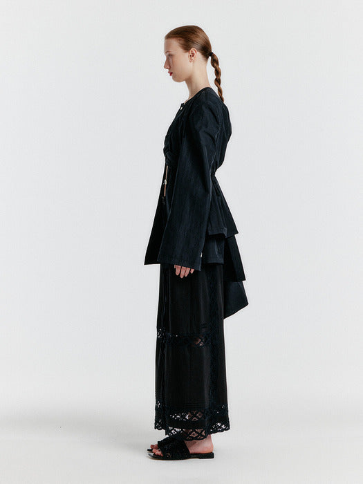 [EENK] Yoanna Button-front Lace-trim Skirt - Black
