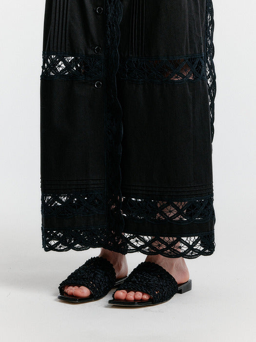 [EENK] Yoanna Button-front Lace-trim Skirt - Black