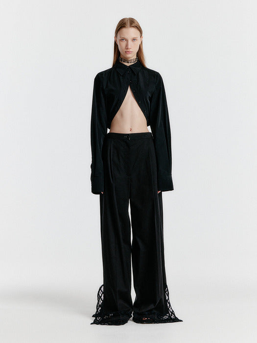 Eenk Yeri Side-slit Lace-trim Pants - Black