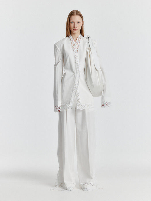 Eenk Yeri Side-slit Lace-trim Pants - White