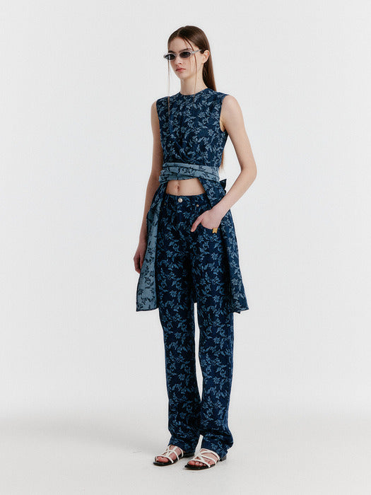 Eenk Yimi Jacquard Denim Sleeveless Top - Navy