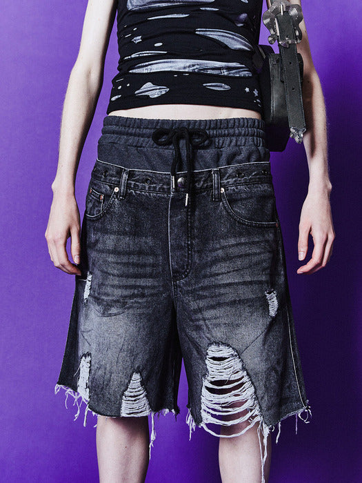 [andersson bell] DENNY SWEAT WAIST DAMAGED SHORTS apa718w(WASHED BLACK)