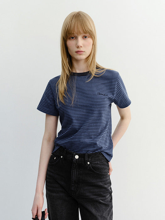 Dunst Essential Stripe Logo T-Shirt Blue Navy Stripe