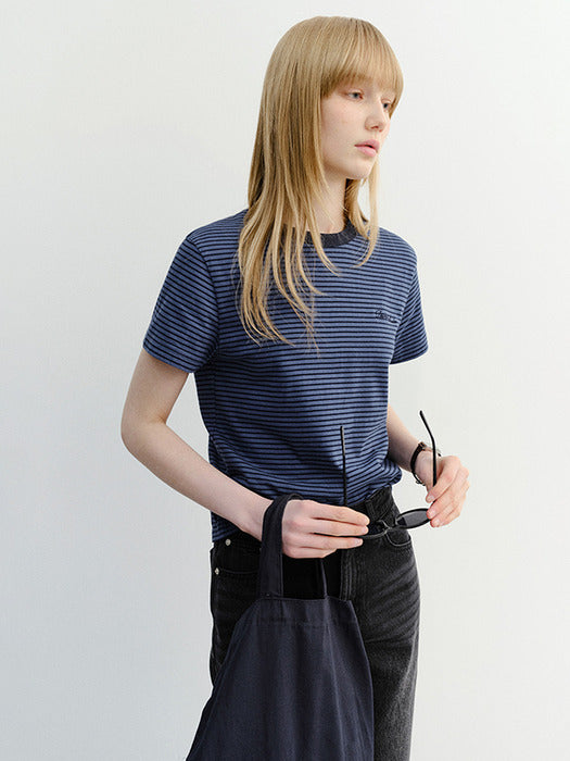 Dunst Essential Stripe Logo T-Shirt Blue Navy Stripe
