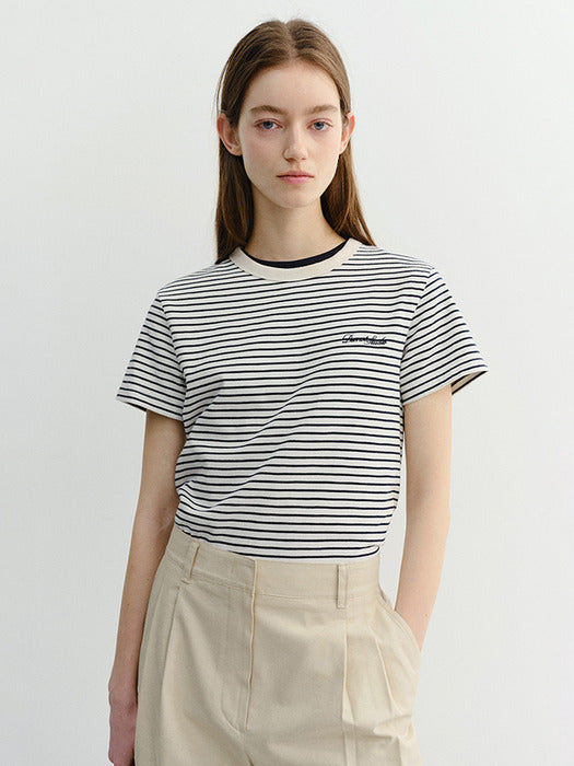Dunst Essential Stripe Logo T-Shirt Cream Navy Stripe