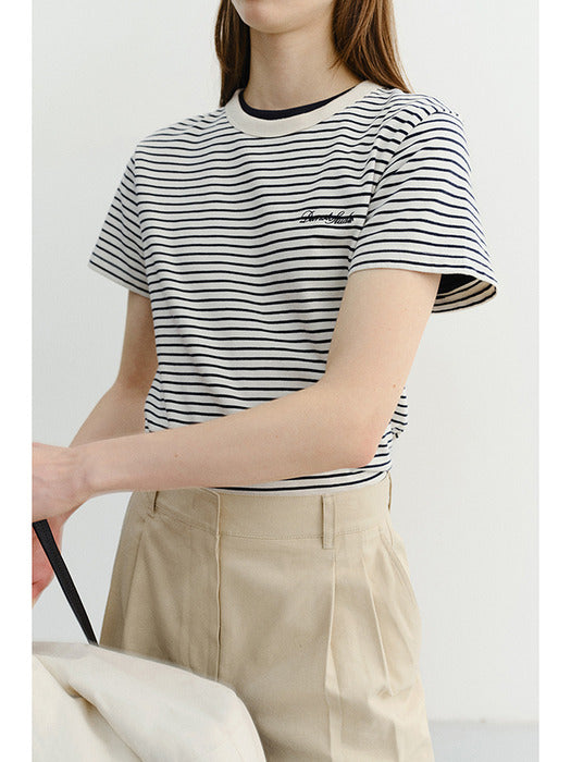 [dunst] Essential Stripe Logo T-Shirt Cream Navy STRIPE_UDTS6B232CR