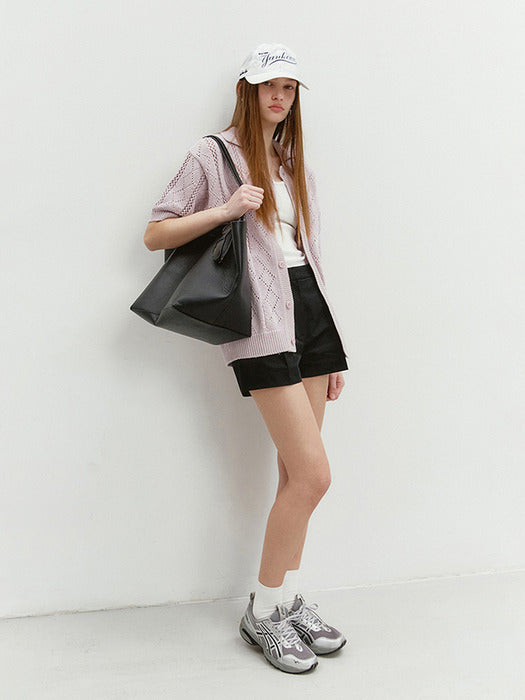 Dunst Collared Crochet Cardigan Soft Pink