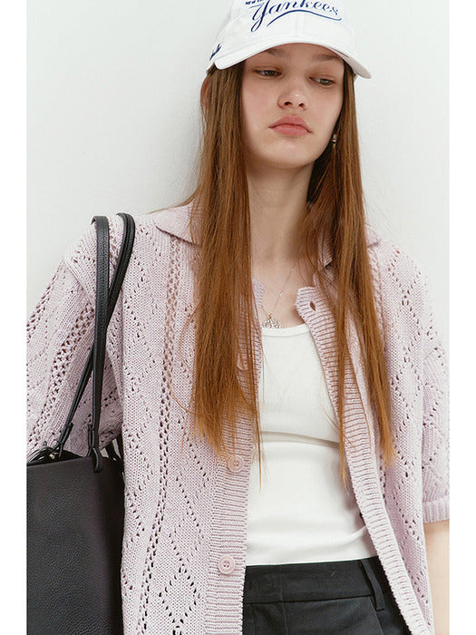 Dunst Collared Crochet Cardigan Soft Pink
