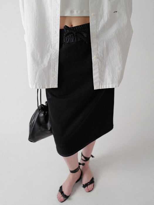 [nothing written] Drawstring cotton midi skirt (Black)