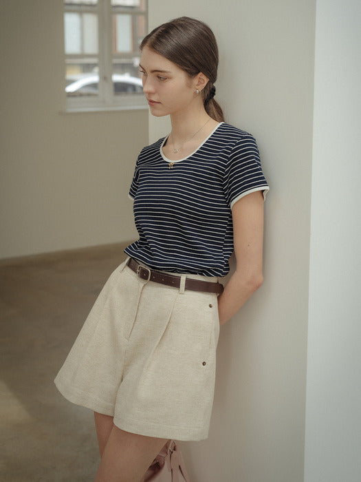 [TILLIDIE] One tuck linen blended shorts_Beige