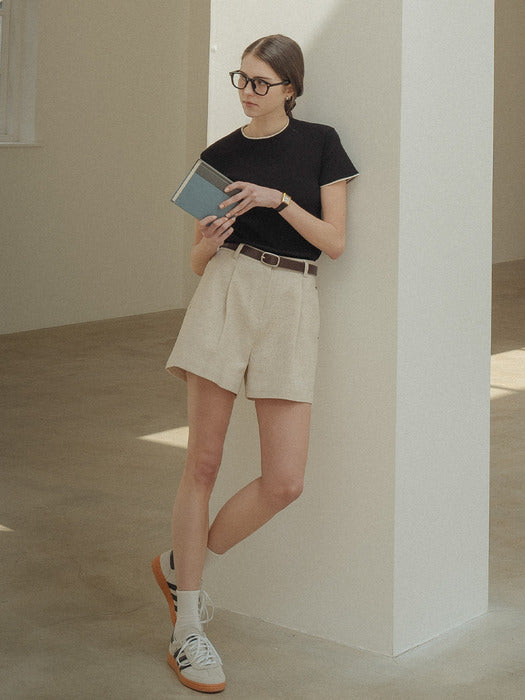 [TILLIDIE] One tuck linen blended shorts_Beige