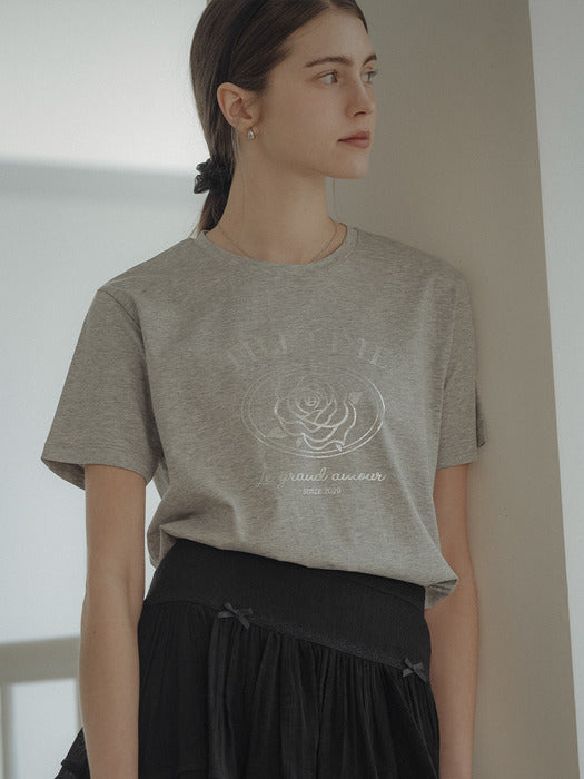 [TILLIDIE] Rose print half sleeve tencel t-shirt_Gray