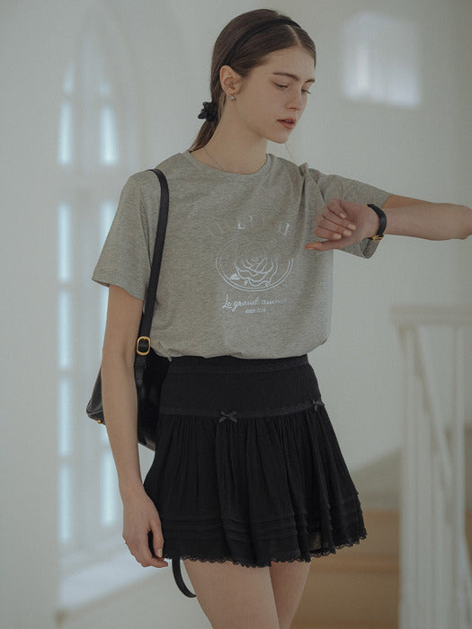 [TILLIDIE] Rose print half sleeve tencel t-shirt_Gray