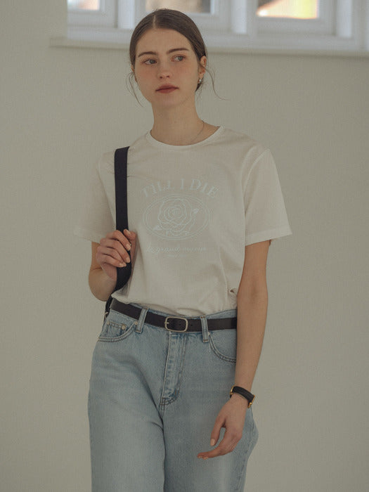 [TILLIDIE] Rose print half sleeve tencel t-shirt_Ivory