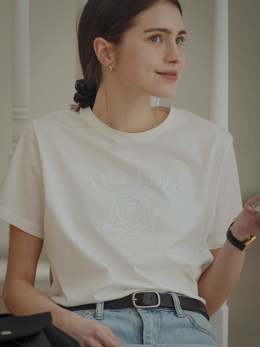 [TILLIDIE] Rose print half sleeve tencel t-shirt_Ivory