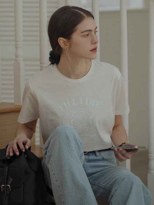 [TILLIDIE] Rose print half sleeve tencel t-shirt_Ivory