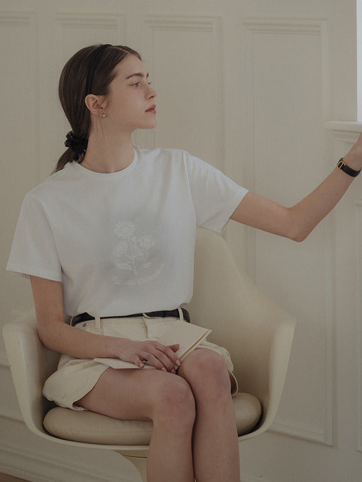 [TILLIDIE] Daisy print half sleeve cotton t-shirt_Ivory