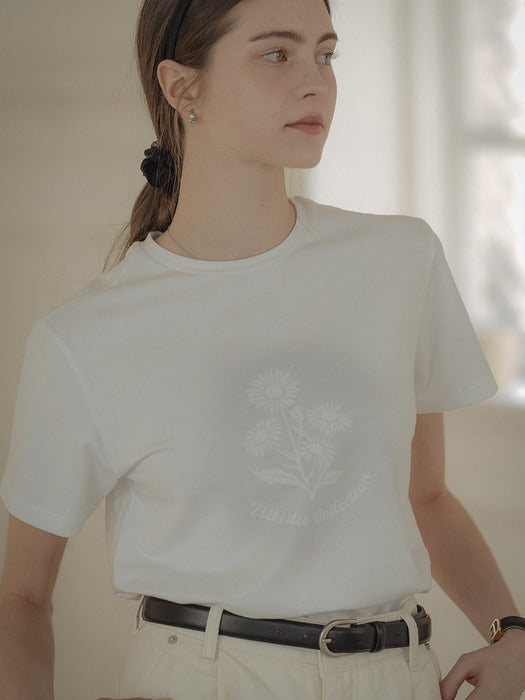 [TILLIDIE] Daisy print half sleeve cotton t-shirt_Ivory