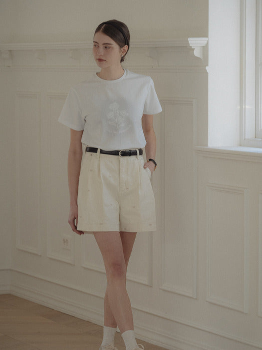 [TILLIDIE] Daisy print half sleeve cotton t-shirt_Ivory