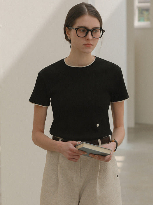 [TILLIDIE] Lace detail ribbed jersey t-shirt_Black