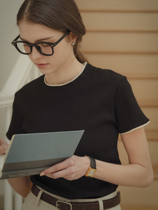 [TILLIDIE] Lace detail ribbed jersey t-shirt_Black