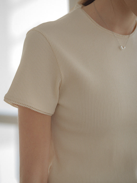 [TILLIDIE] Lace detail ribbed jersey t-shirt_Ivory