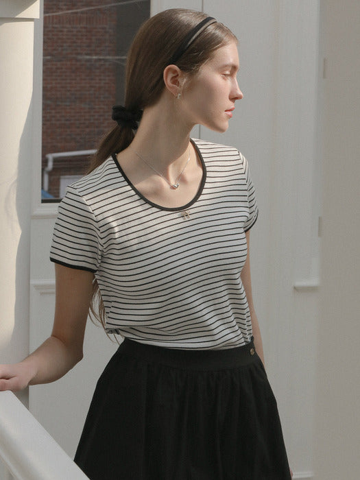 [TILLIDIE] Gold ribbon half sleeve stripe t-shirt[3color]