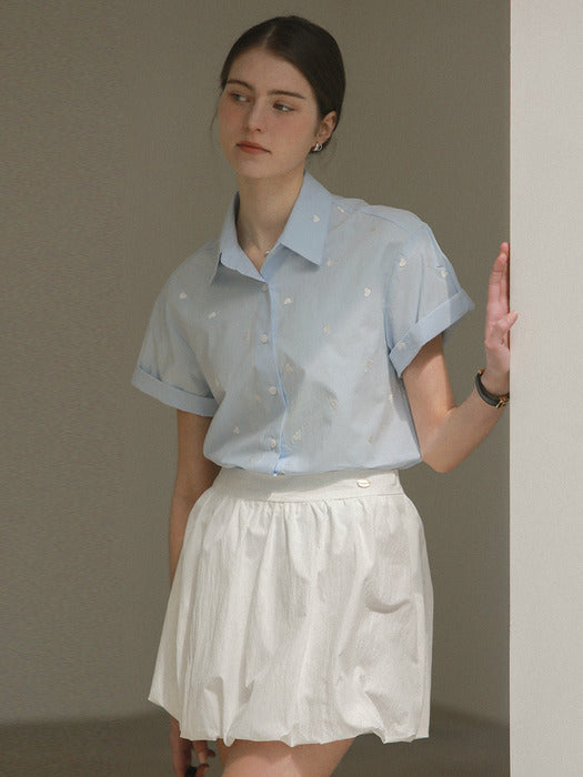 [TILLIDIE] Heart embroidery half sleeve shirt_Sky blue