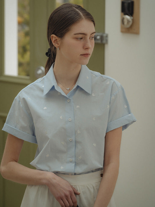 [TILLIDIE] Heart embroidery half sleeve shirt_Sky blue