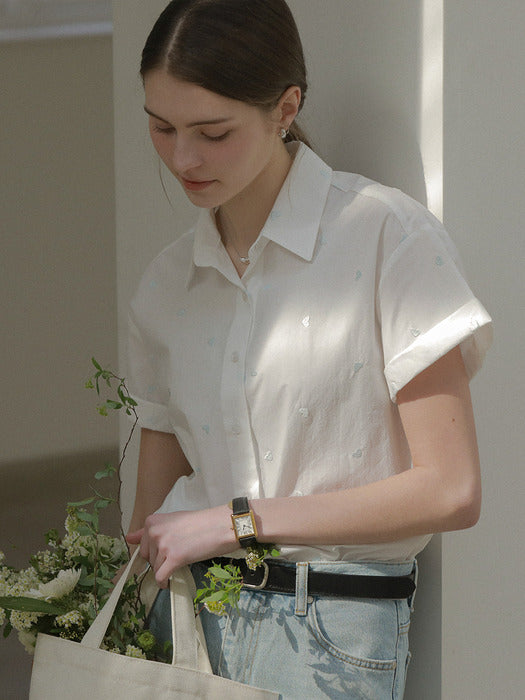 [TILLIDIE] Heart embroidery half sleeve shirt_Ivory