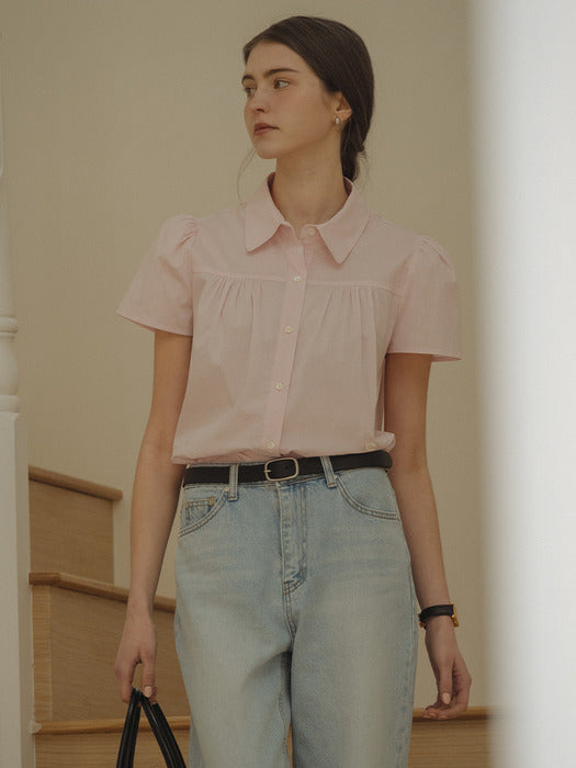 [TILLIDIE] Puff sleeve shirring blouse_Pink