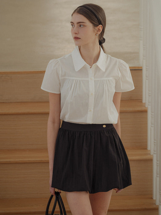 [TILLIDIE] Puff sleeve shirring blouse_Ivory