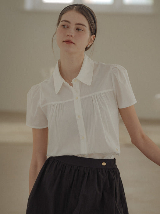 [TILLIDIE] Puff sleeve shirring blouse_Ivory