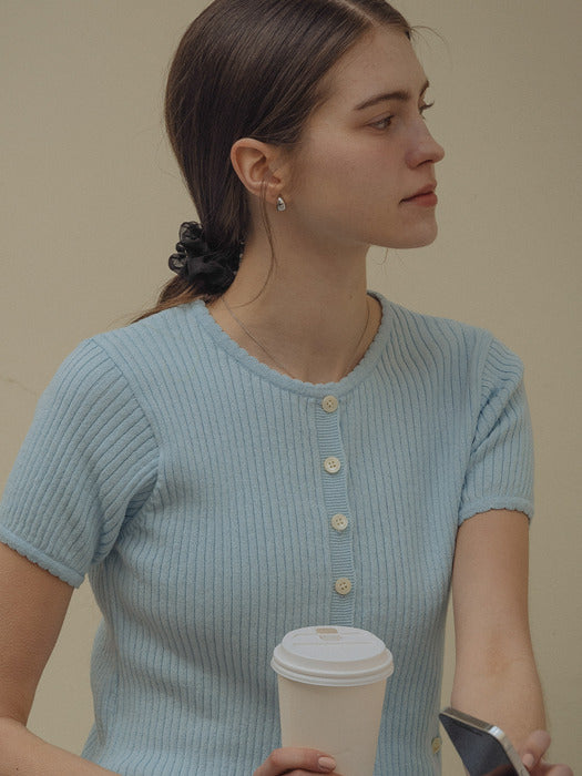 [TILLIDIE] Scallop ribbed half sleeve cardigan_Sky blue